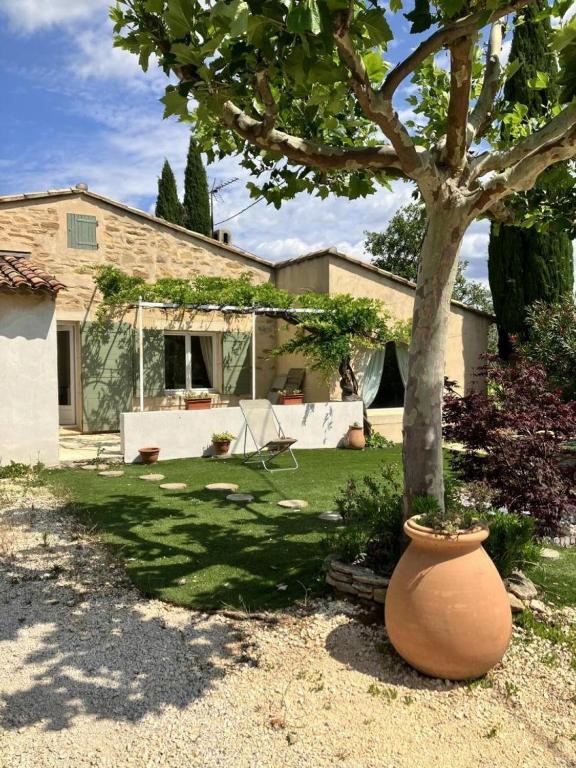 un grand vase à côté d'un arbre dans une cour dans l'établissement Gite 2 personnes les manoullieres, à Laouque