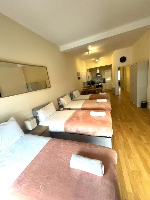 eine Gruppe von 4 Betten in einem Hotelzimmer in der Unterkunft Camden Budget Suites - Next to Station and Camden Market in London
