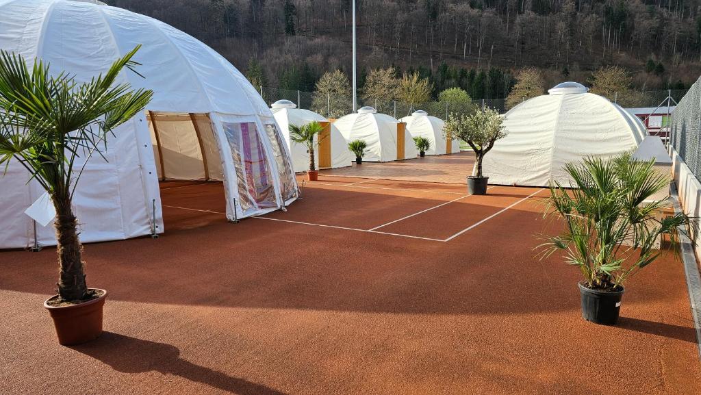 een rij witte tenten op een tennisbaan bij fitneXX Zelt-Dorf in Balsthal