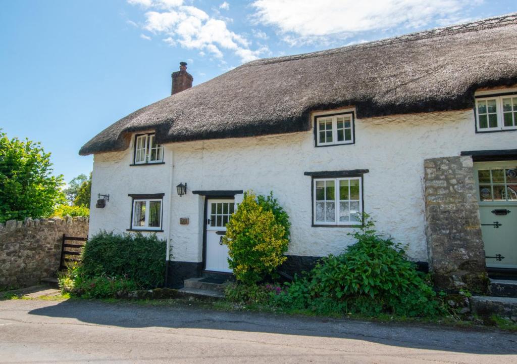 an old white cottage with a thatched roof at Otters Corner in Branscombe