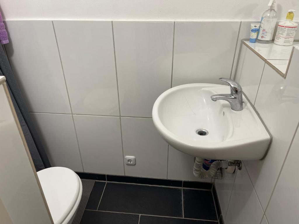 a bathroom with a sink and a toilet at Bodensee Apartments in Friedrichshafen