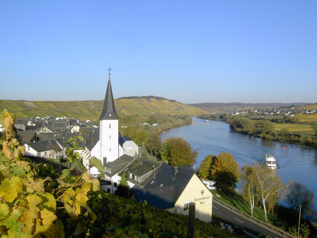an aerial view of a church next to a river at Gästehaus Volker Haas in Kesten