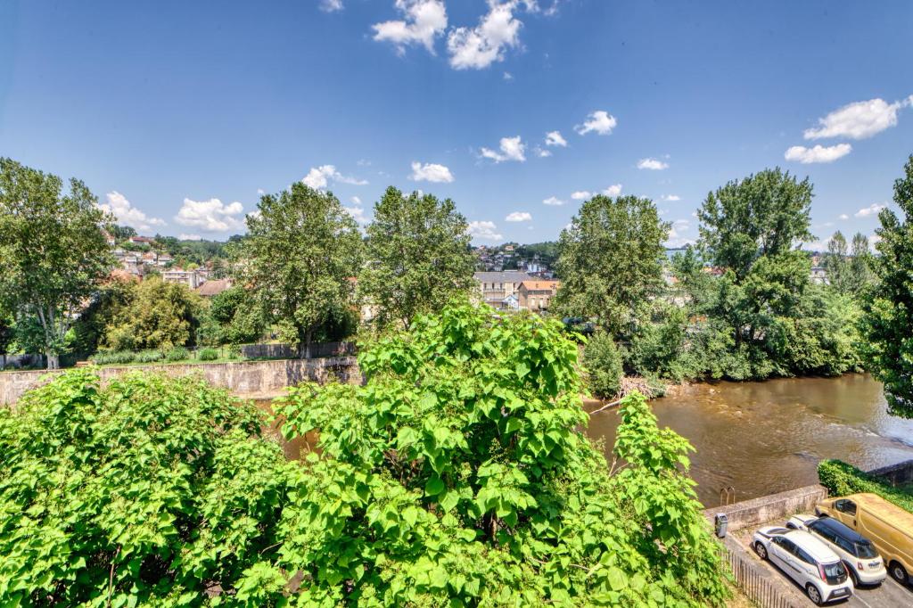 - une vue sur une rivière avec des arbres et des voitures dans l'établissement Appartement de charme au cœur de la Corrèze, à Brive-la-Gaillarde