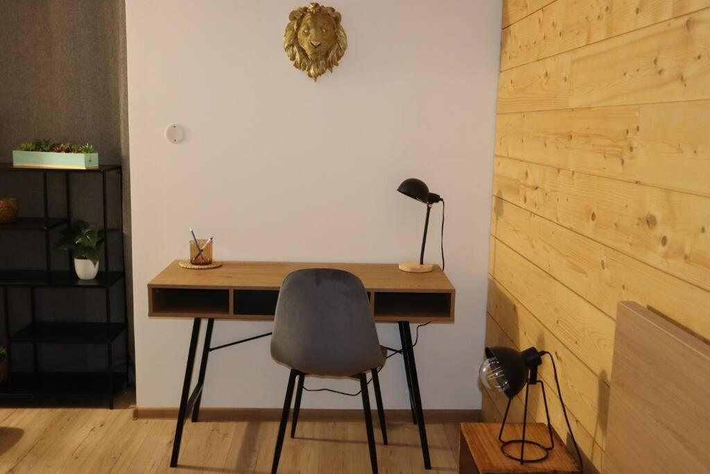 a desk with a chair and a lamp in a room at Le petit Gambetta in Belfort