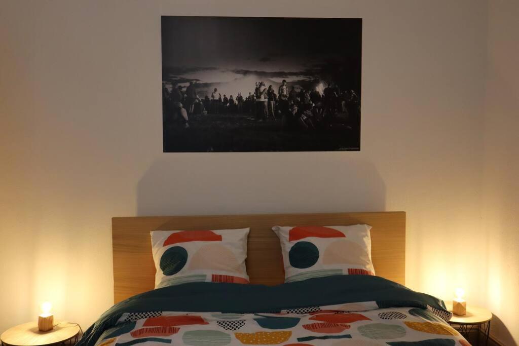 a bedroom with a bed with a picture on the wall at Le petit Gambetta in Belfort