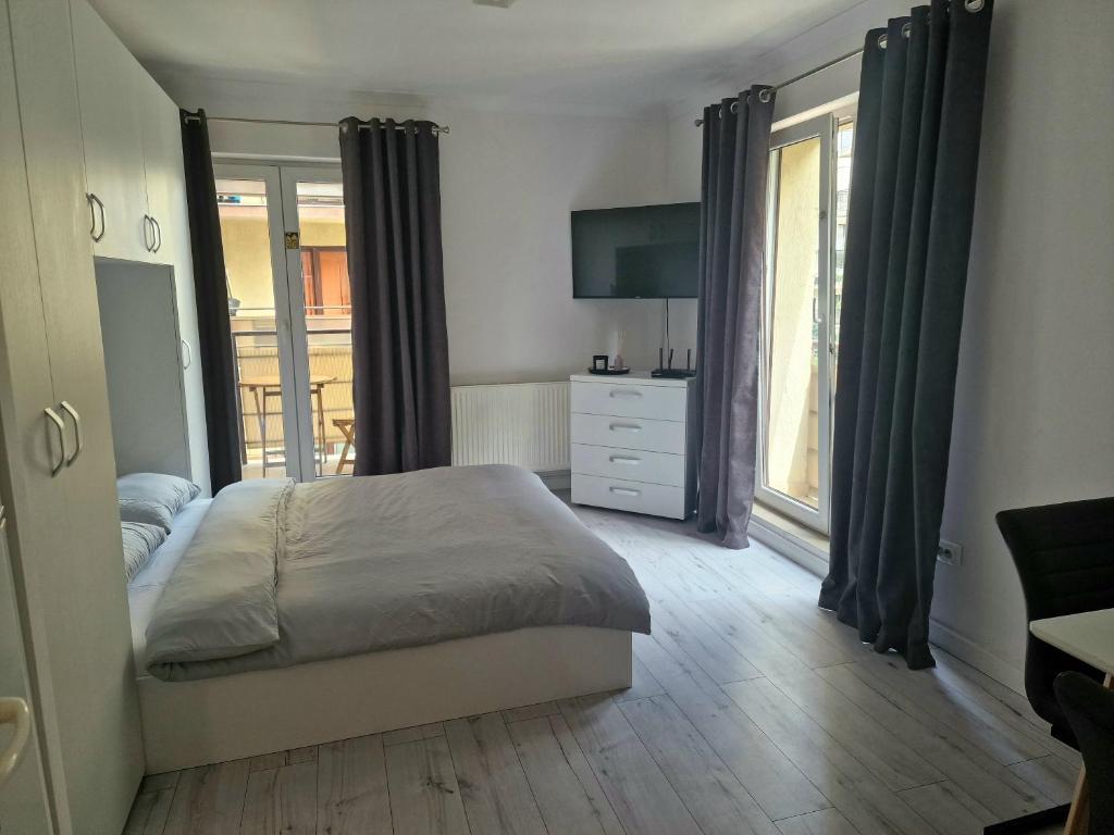 1 dormitorio con 1 cama, vestidor y ventanas en Cazare Andreea en Cluj-Napoca