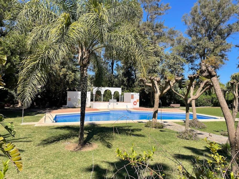 einen Pool in einem Garten mit Palmen in der Unterkunft Casa Sally - Mijas Golf in Mijas Costa