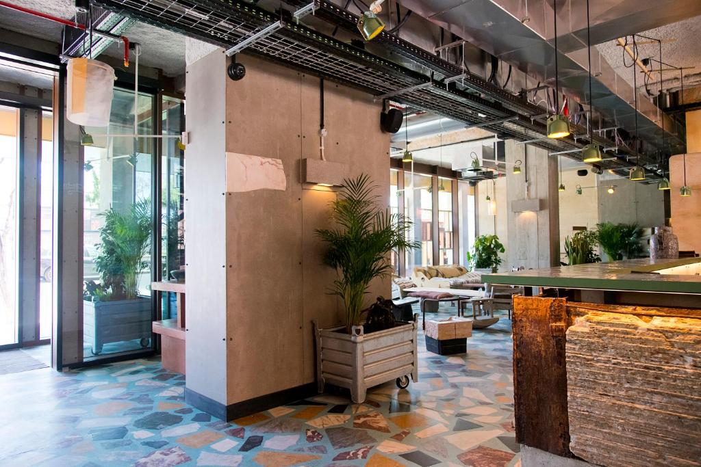 A spacious communal interior with plants, lounge seating and a service counter.
