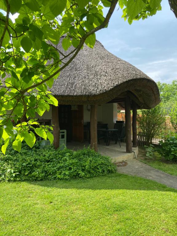 una casa con techo de paja y patio en Nádfedeles Házikó, en Balatonkeresztúr
