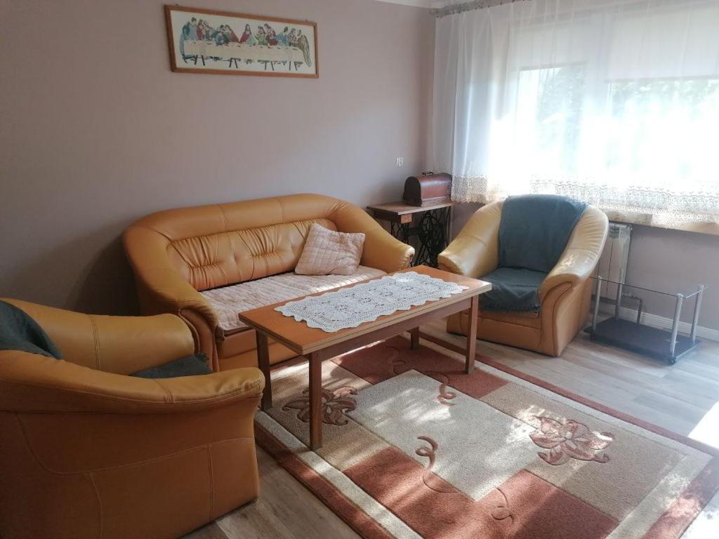 a living room with two couches and a coffee table at Apartament przy puszczy in Hajnówka