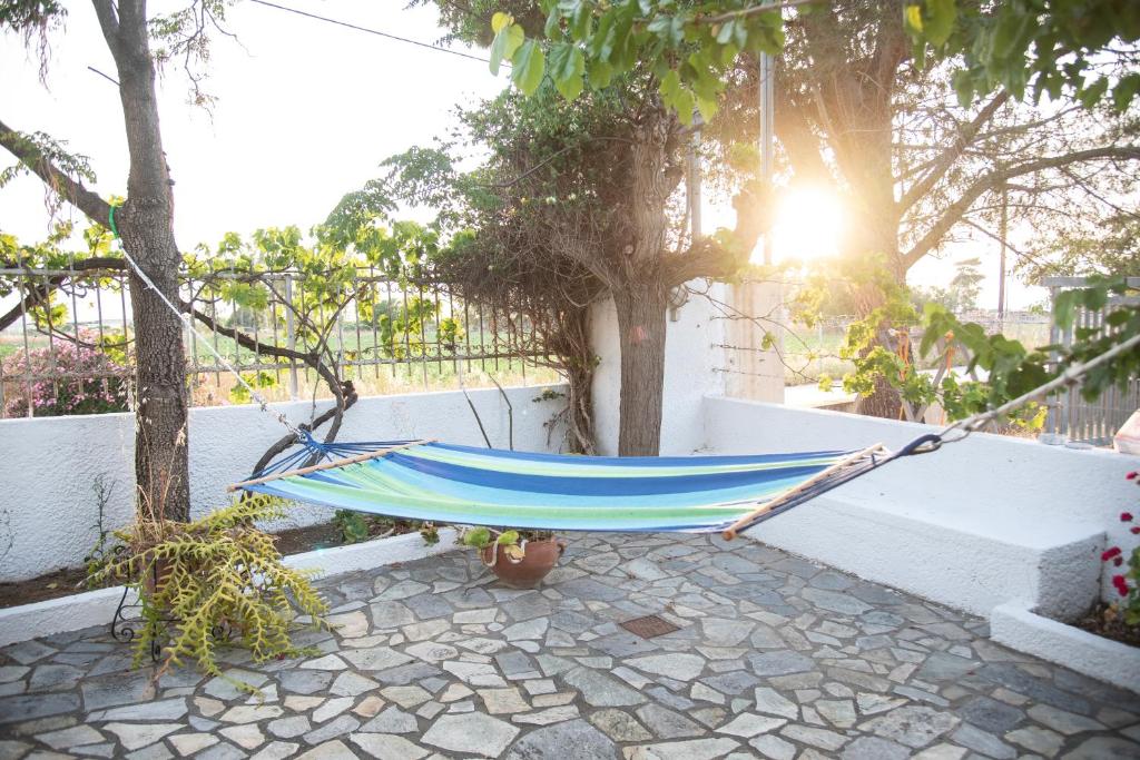 a hammock hanging from a tree in a yard at Kos Gaia Garden House in Ágios Geórgios