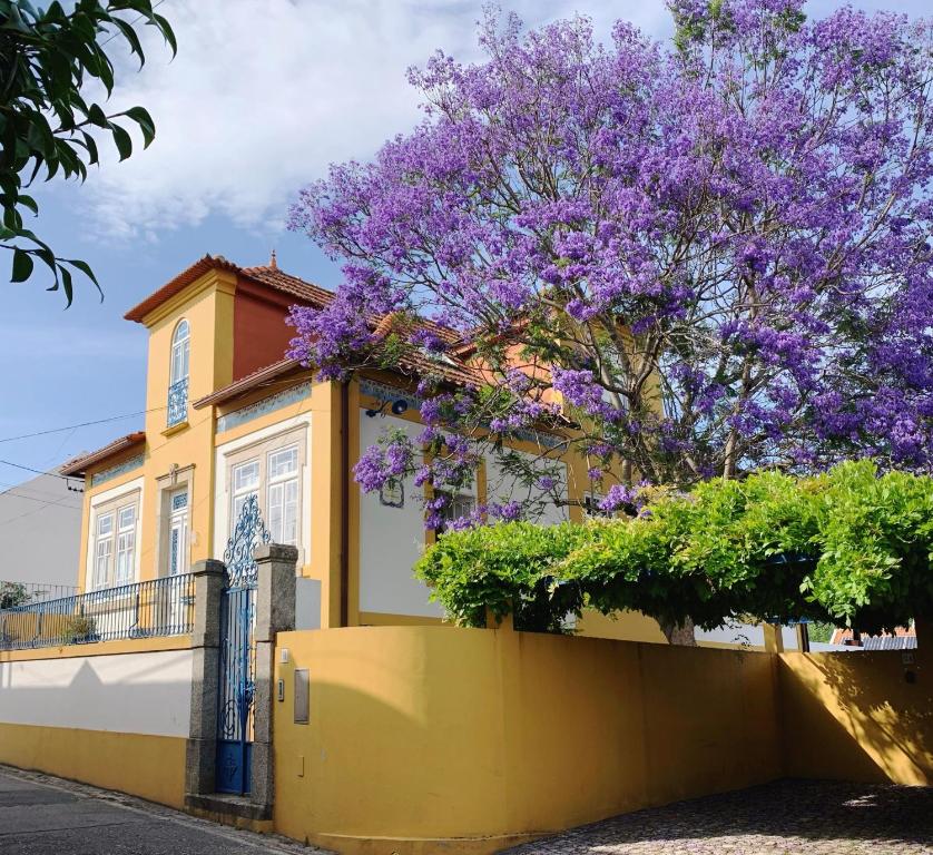アヴェイロにあるCasa do Paço Aveiro Studio&Roomsの紫の花木が目の前にある黄色い家