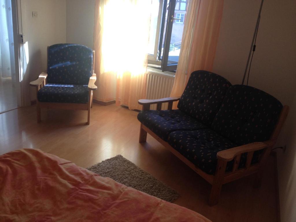 Rorschwihr的住宿－Location Chez Helmut，带沙发、椅子和窗户的客厅
