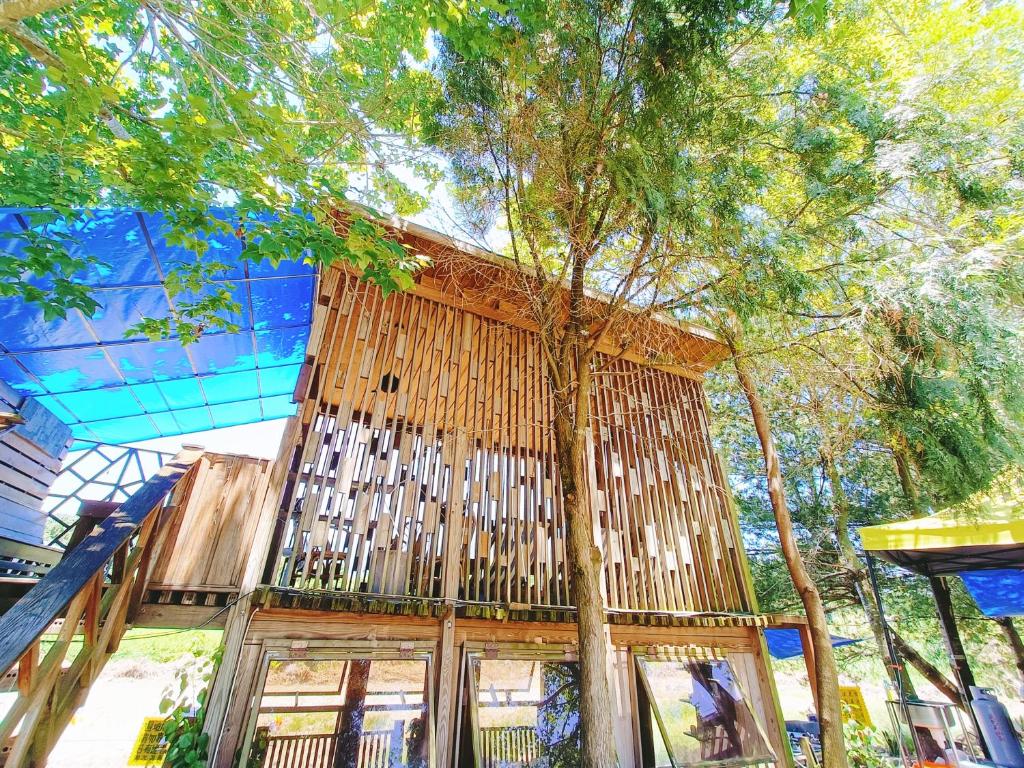 a building with a tree in front of it at Fun星空謐境 埔里包棟民宿 烤肉麻將自然園區 in Puli