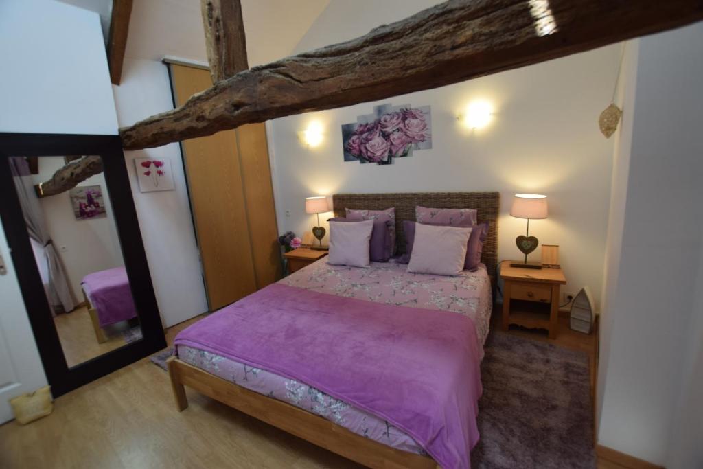 a bedroom with a large bed with purple sheets at La libellule argentée in Le Teilleul