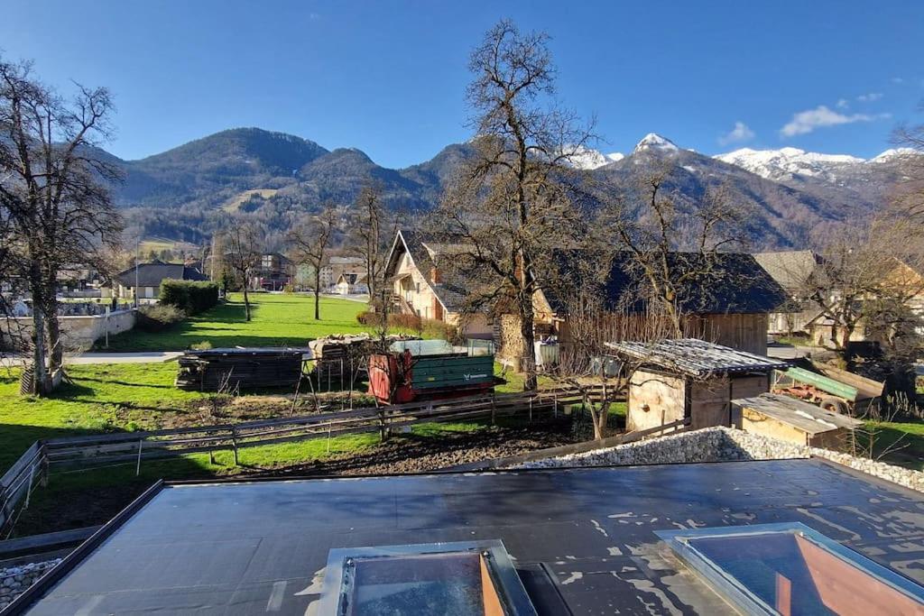 a view of a farm with mountains in the background at Mountain views apartment in Bohinj