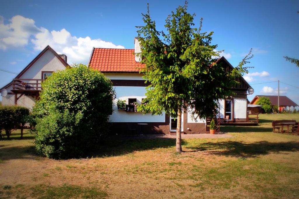 uma casa com uma árvore em frente em Domki letniskowe em Mikolajki