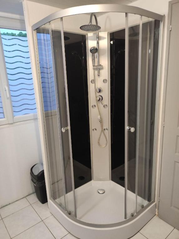 a shower with a glass enclosure in a bathroom at La petite trapue in Desvres