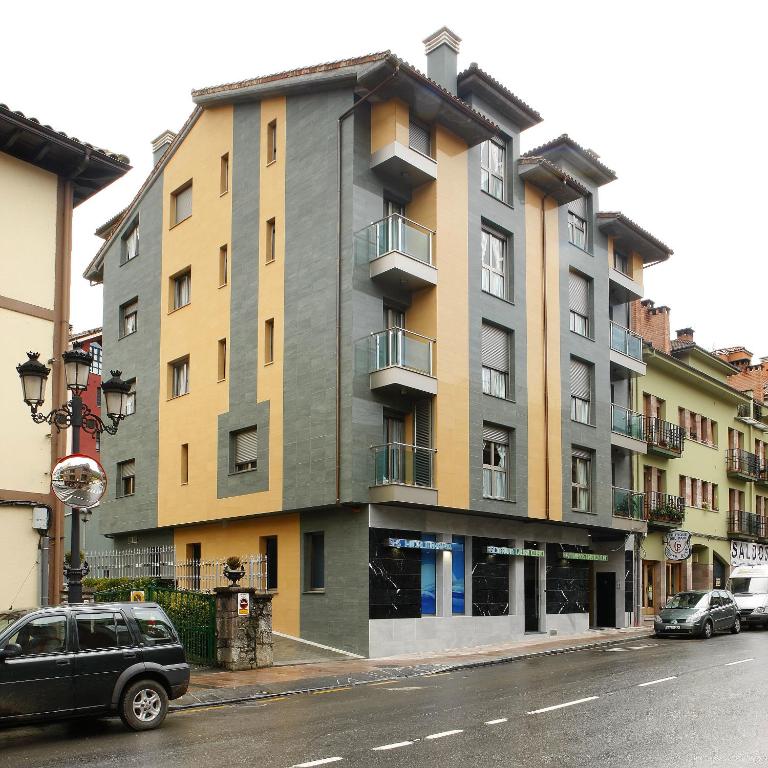 a building on a street with cars parked in front of it at Apartamentos Spa Cueto in Cangas de Onís