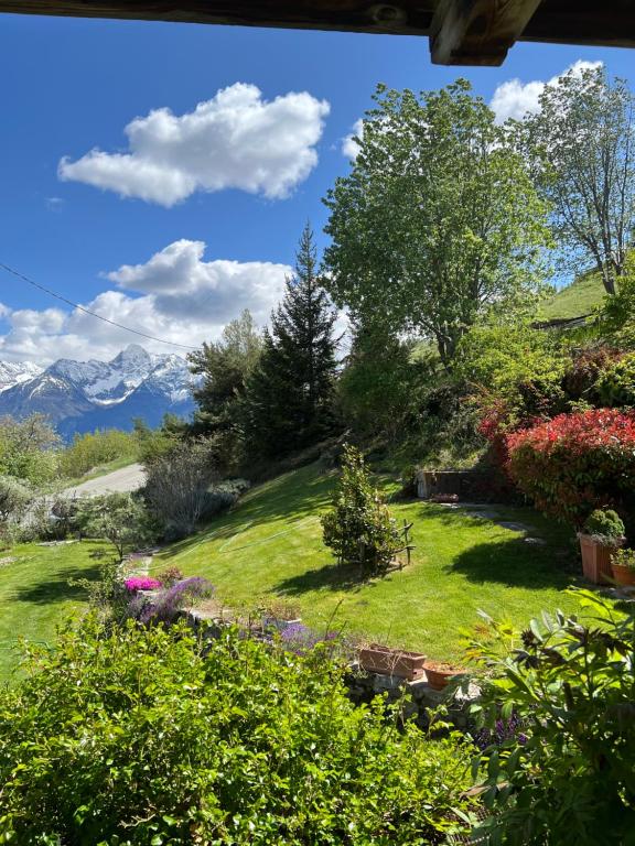 a view of a garden with mountains in the background at La Maison del Ru - CIR VDA GIGNOD 0037 in Gignod