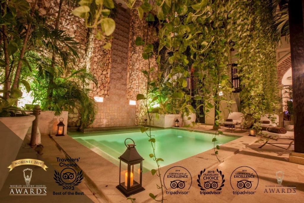 a swimming pool with plants in a building at Casa de Alba Hotel Boutique in Cartagena de Indias