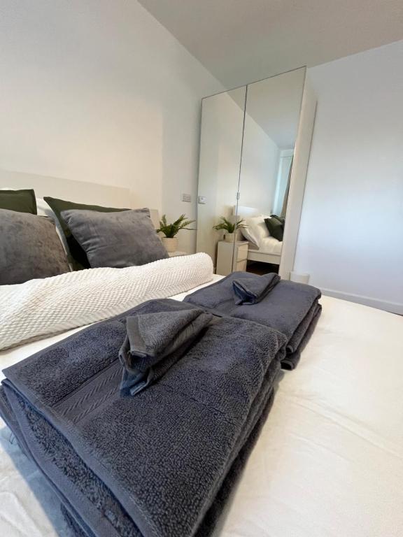 1 dormitorio con 2 camas y un espejo grande en Lovely 1 Bed, Northolt Station, en Northolt