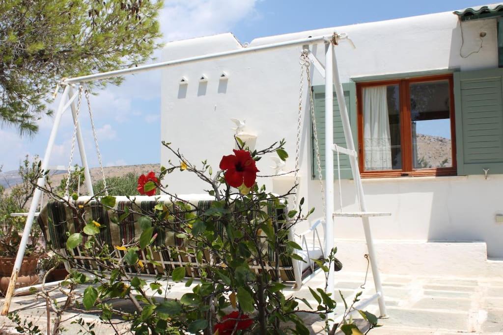 a swing in front of a house with red roses at Aegean traditional home in Athens Riviera in Sounio