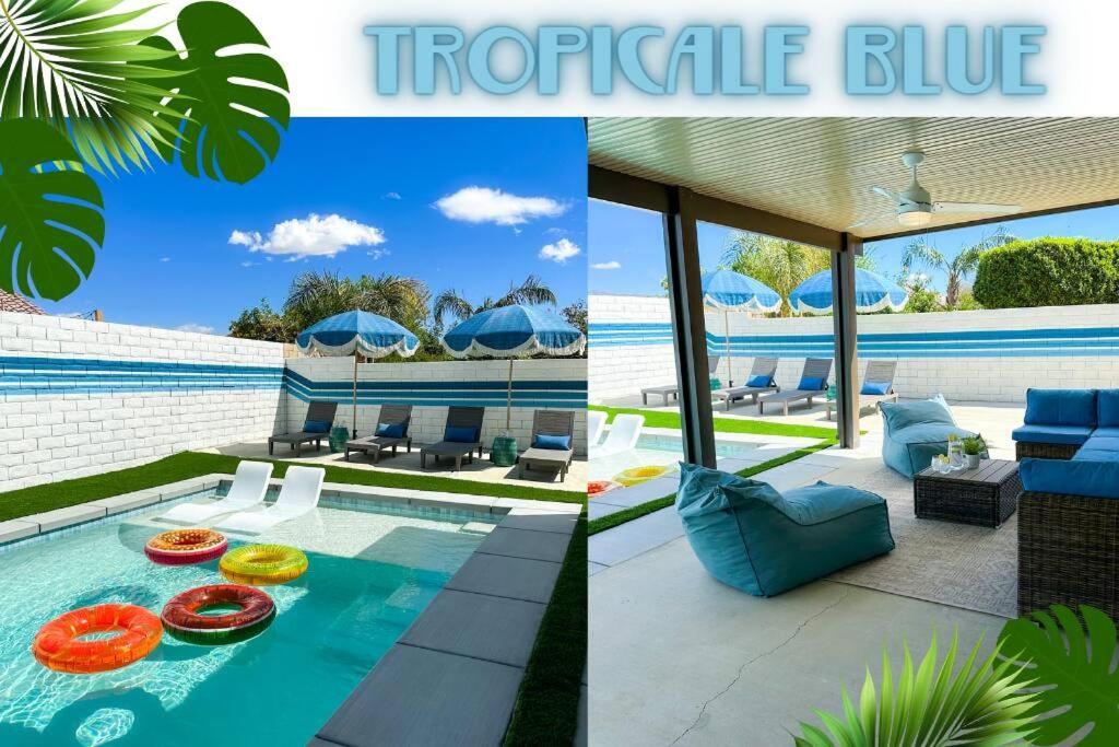 een collage van twee foto's van een huis bij Backyard Pool Oasis @ Tropicale Blue in Coachella