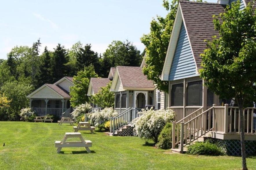 a house with a picnic table in the yard at Brudenell Fairway Chalets in Georgetown