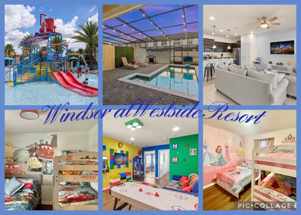 un collage de fotos de un parque infantil interior en Luxury 5BD/5BH Home With Pool/BBQ Disney Universal en Kissimmee