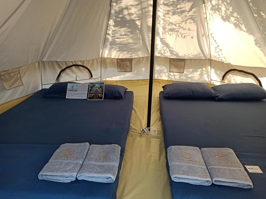 Ấp Long Lâm的住宿－Suối Đá F-Glamping，帐篷内提供两张床