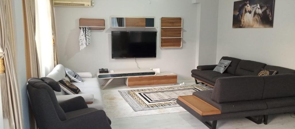 een woonkamer met 2 banken en een flatscreen-tv bij Grand Bazaar Crossing apartment in Istanbul