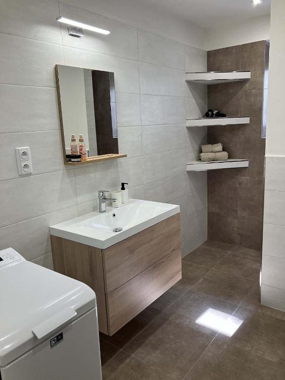 un bagno con lavandino e specchio di Chaloupka a Příbraz