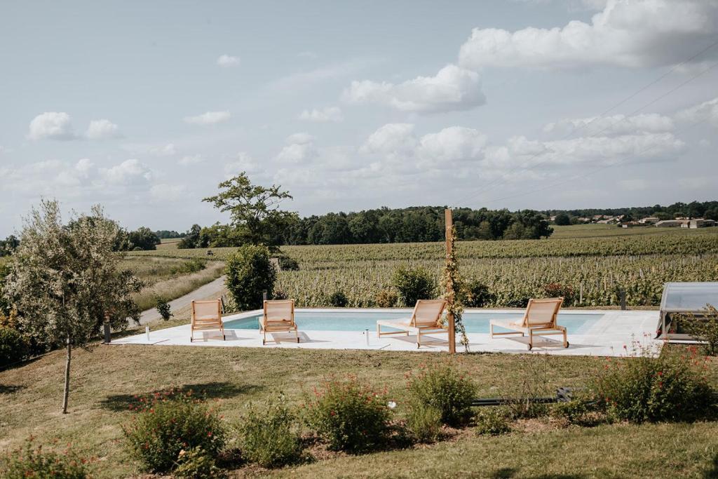 a pool with chairs and a giraffe next to a field at Château La Grande Clotte in Lussac