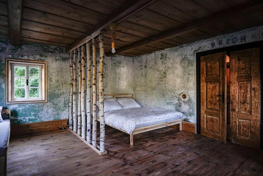 een slaapkamer met een bed in de hoek van een kamer bij Cimra bude! in Horní Prysk