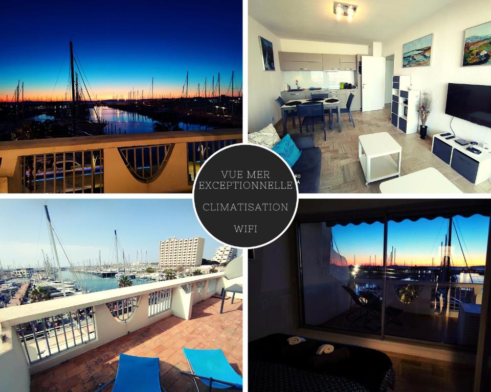 un collage de fotos de un apartamento con vistas al puerto en Classé 3 étoiles - Magnifique vue sur le port - Wifi et Clim, en La Grande-Motte