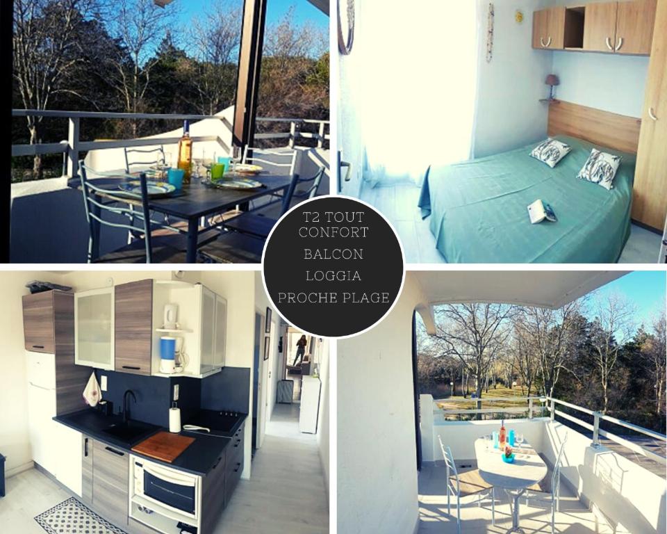 un collage de photos d'un balcon avec un lit et une chambre dans l'établissement T2 Qaurtier Couchant, Vue parc, au calme, à 5 min de la plage, à La Grande Motte