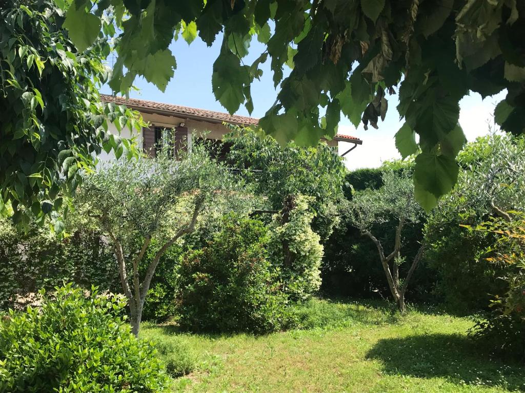 a garden with trees and a house in the background at CORTE COLOMBARON vicino a Gardaland in Ronchi