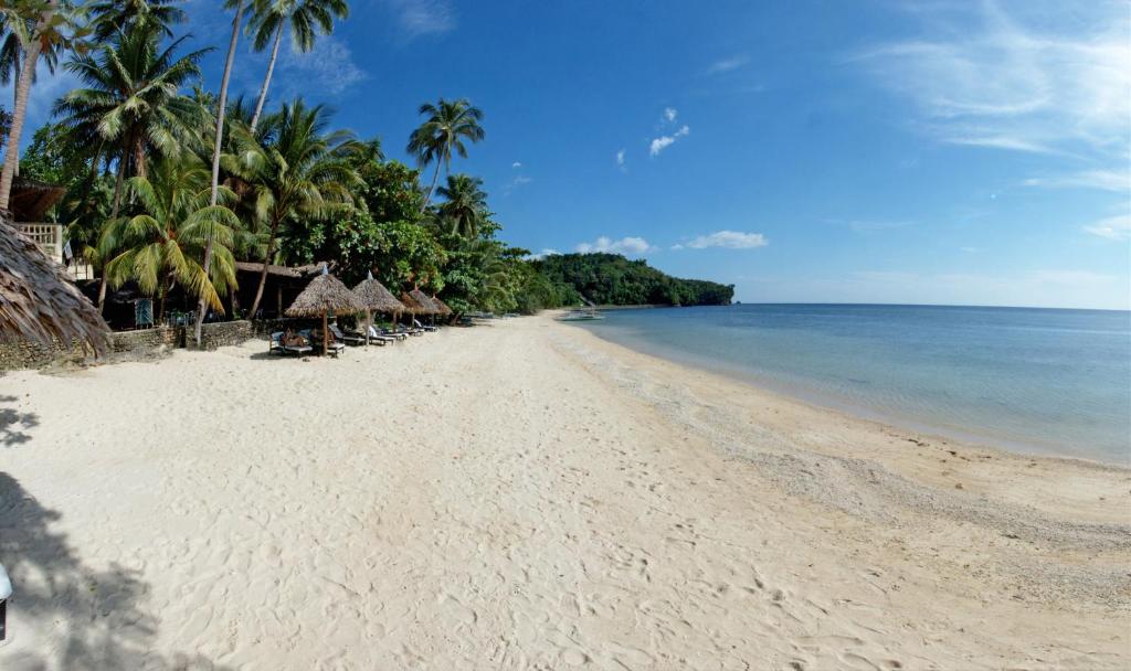a sandy beach with umbrellas and the ocean at Easy Diving and Beach Resort in Sipalay