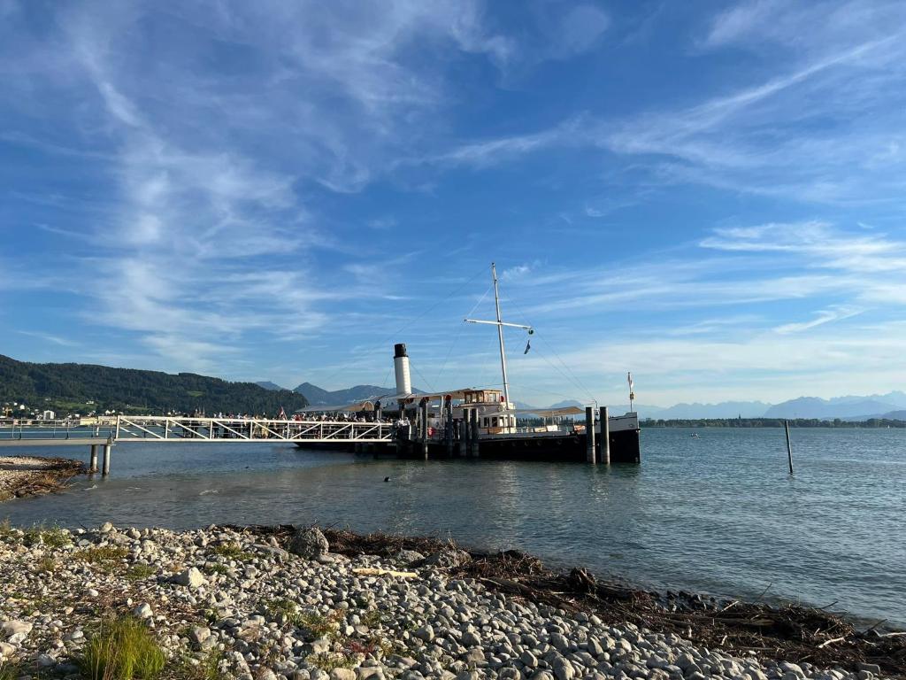a dock in the water with a windmill on it at Gasthof - Auszeit im Bad Diezlings - Adults only in Hörbranz
