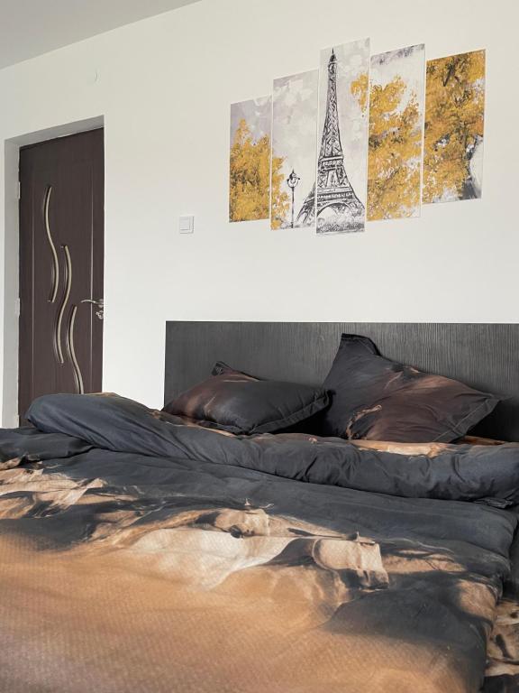 1 cama en un dormitorio con una foto de la torre Eiffel en Casa Pietrele Doamnei en Câmpulung Moldovenesc