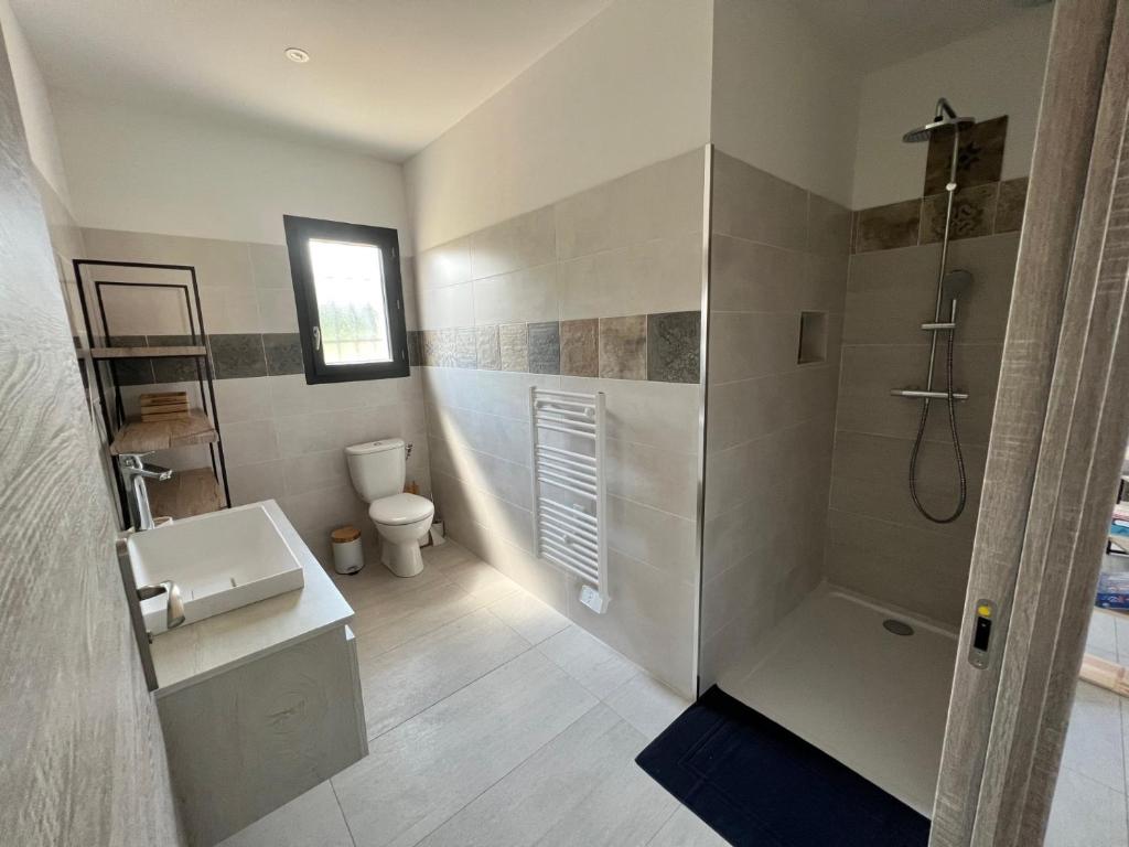 a bathroom with a shower and a sink and a toilet at Casa Lamaghjone - Villa T4 avec piscine chauffée à 3,5km de la mer in Aléria