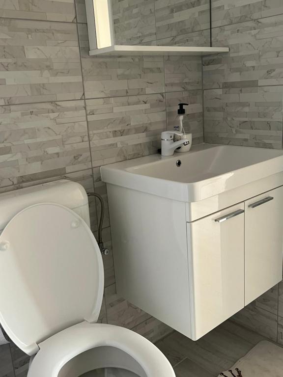 a white bathroom with a toilet and a sink at Apartments Linic in Nin