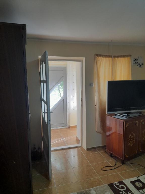 a living room with a television and a door to a hallway at Casa Dan in Tuzla