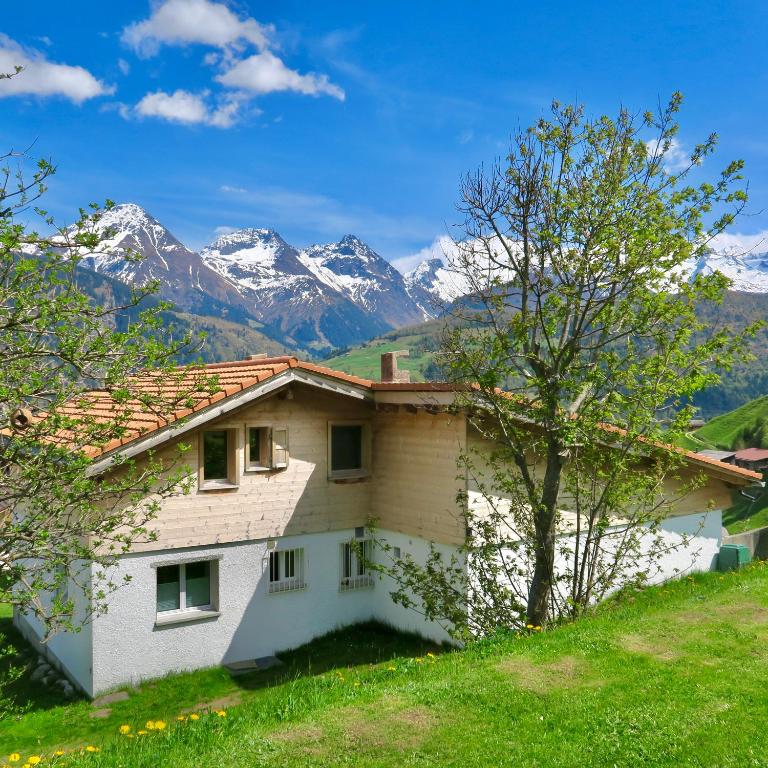 a house on a hill with mountains in the background at Casa Segnas in Disentis