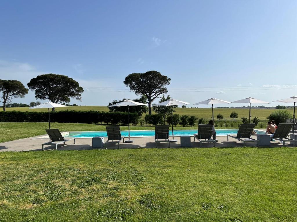 a pool with chairs and umbrellas in the grass at Ferme Binel à Ronsac in Aigrefeuille