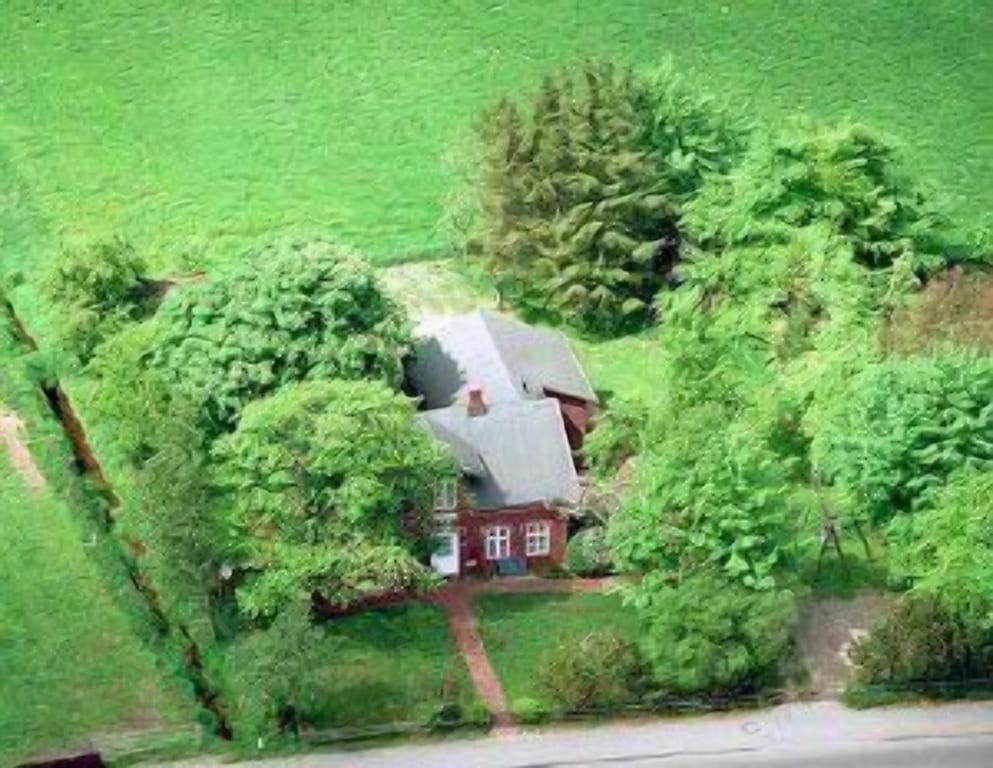 an aerial view of a red house in the trees at Alte Stellmacherei Langenhorn in Langenhorn