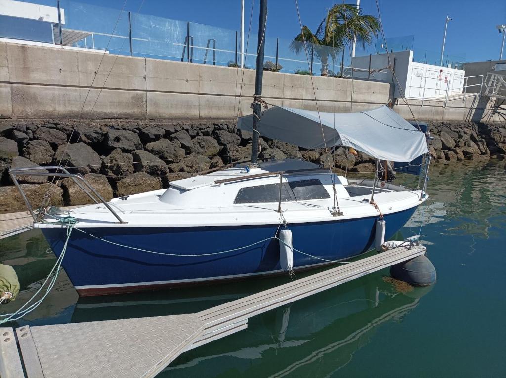a blue and white boat is docked in the water at Lanza Boat in Arrecife
