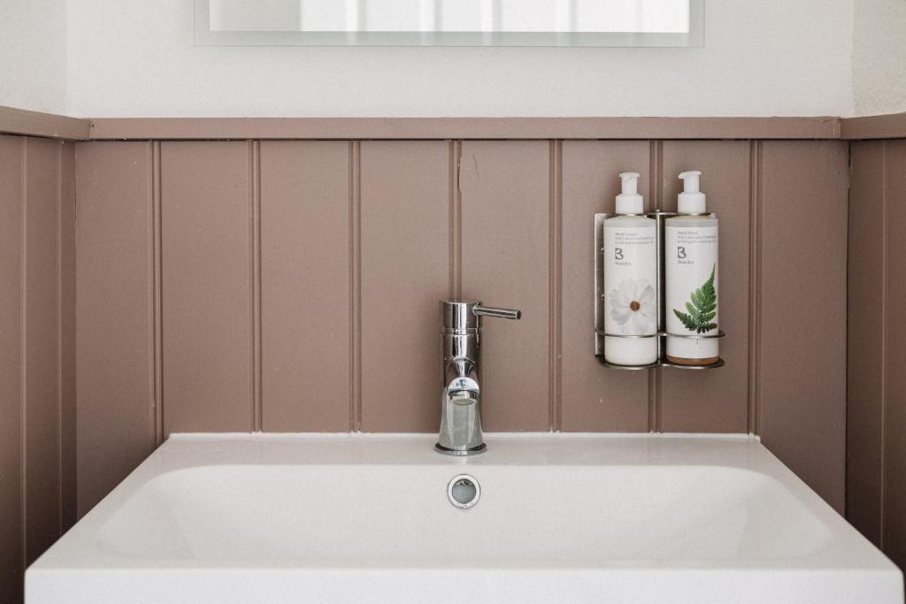 a white sink with two bottles on a wall at Plough Inn in Morpeth