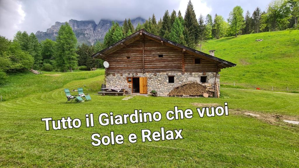 uma cabana de madeira num campo verde com em Baita Pra Petina Pale di San Martino em Siror